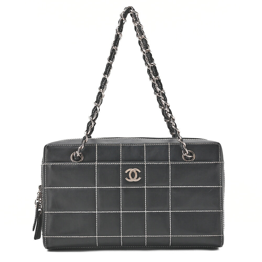 CHANEL Shoulder Bag Calfskin Chocolate Bar Coco Mark Navy Silver-Tone Hardware, Pre-Owned