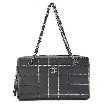 CHANEL Shoulder Bag Calfskin Chocolate Bar Coco Mark Navy Silver-Tone Hardware, Pre-Owned