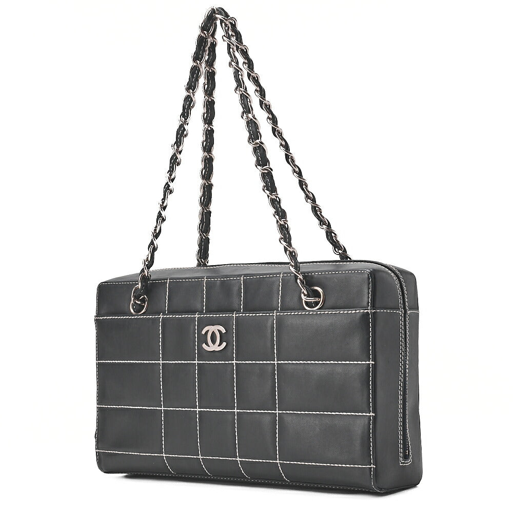 CHANEL Shoulder Bag Calfskin Chocolate Bar Coco Mark Navy Silver-Tone Hardware, Pre-Owned