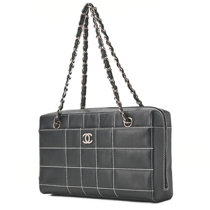 CHANEL Shoulder Bag Calfskin Chocolate Bar Coco Mark Navy Silver-Tone Hardware, Pre-Owned