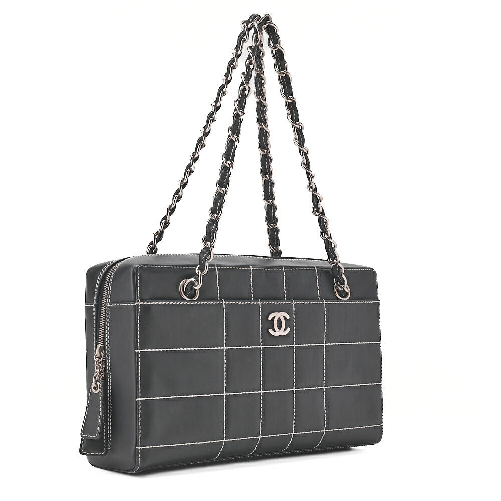 CHANEL Shoulder Bag Calfskin Chocolate Bar Coco Mark Navy Silver-Tone Hardware, Pre-Owned