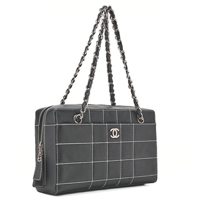 CHANEL Shoulder Bag Calfskin Chocolate Bar Coco Mark Navy Silver-Tone Hardware, Pre-Owned