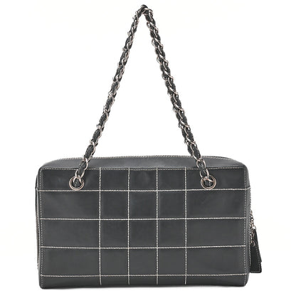 CHANEL Shoulder Bag Calfskin Chocolate Bar Coco Mark Navy Silver-Tone Hardware, Pre-Owned