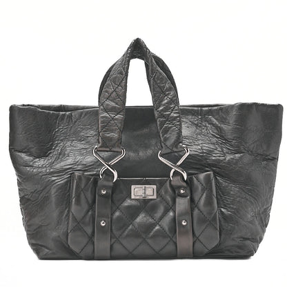 CHANEL Lambskin Matelasse 2.55 Lock Handbag Black Silver -Tone Hardware, Pre-Owned