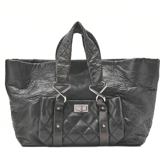 CHANEL Lambskin Matelasse 2.55 Lock Handbag Black Silver -Tone Hardware, Pre-Owned