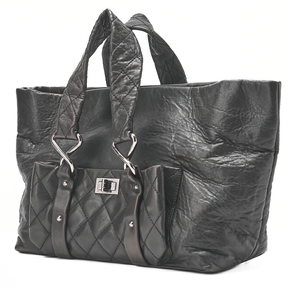 CHANEL Lambskin Matelasse 2.55 Lock Handbag Black Silver -Tone Hardware, Pre-Owned