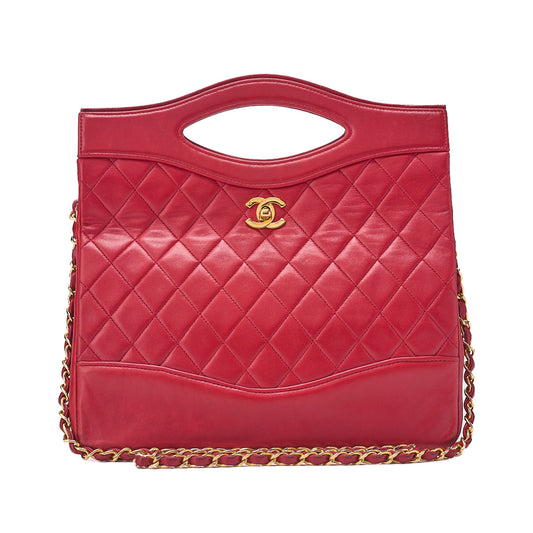 CHANEL Matelasse  Chain Shoulder Bag Tote 2way Lambskin Red Gold-Tone Hardware, Pre-Owned