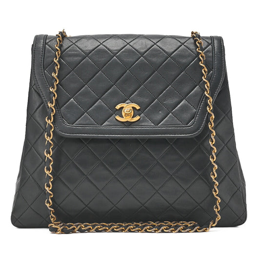 CHANEL Lambskin Matelasse Trapezoidal Single Chain Shoulder Bag Black Gold-Tone Hardware, Pre-Owned
