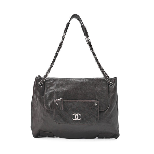 CHANEL Matelasse Outside Pocket Chain Shoulder Caviar Skin Dark Brown Silver-Tone Hardware, Pre-Owned