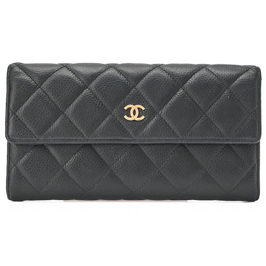 CHANEL Matelasse  Bi-fold Long Wallet Caviar Skin Black Gold-Tone Hardware, Pre-Owned