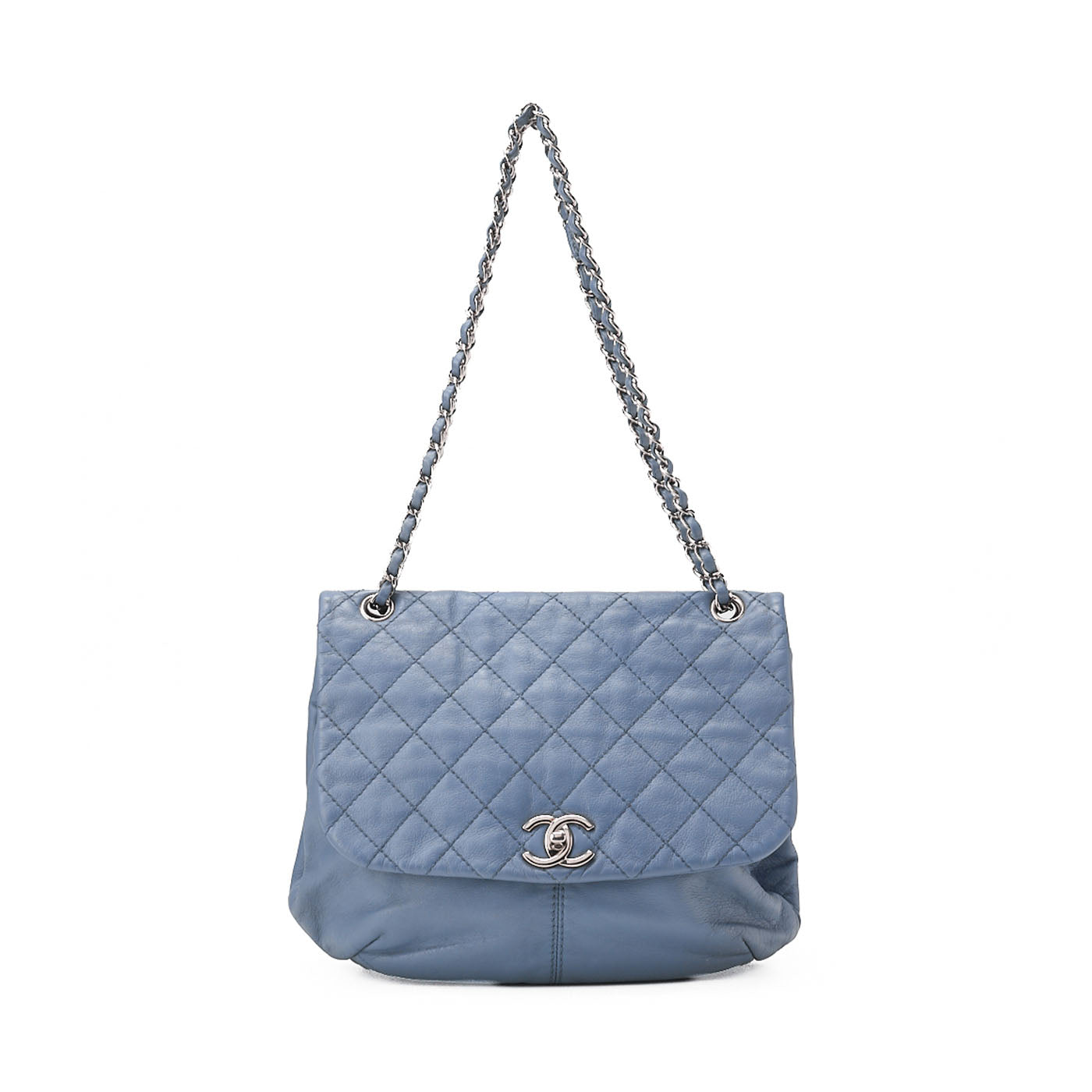 CHANEL Lambskin Matelasse Round Flap Single Chain Shoulder Bag Sky Blue Silver-Tone Hardware, Pre-Owned
