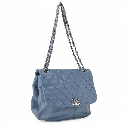 CHANEL Lambskin Matelasse Round Flap Single Chain Shoulder Bag Sky Blue Silver-Tone Hardware, Pre-Owned