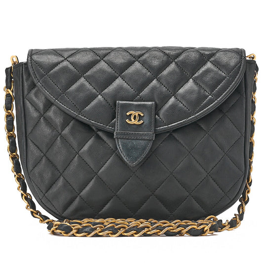 CHANEL Lambskin Matelasse Round Push Lock Chain Shoulder Black Gold-Tone Hardware, Pre-Owned