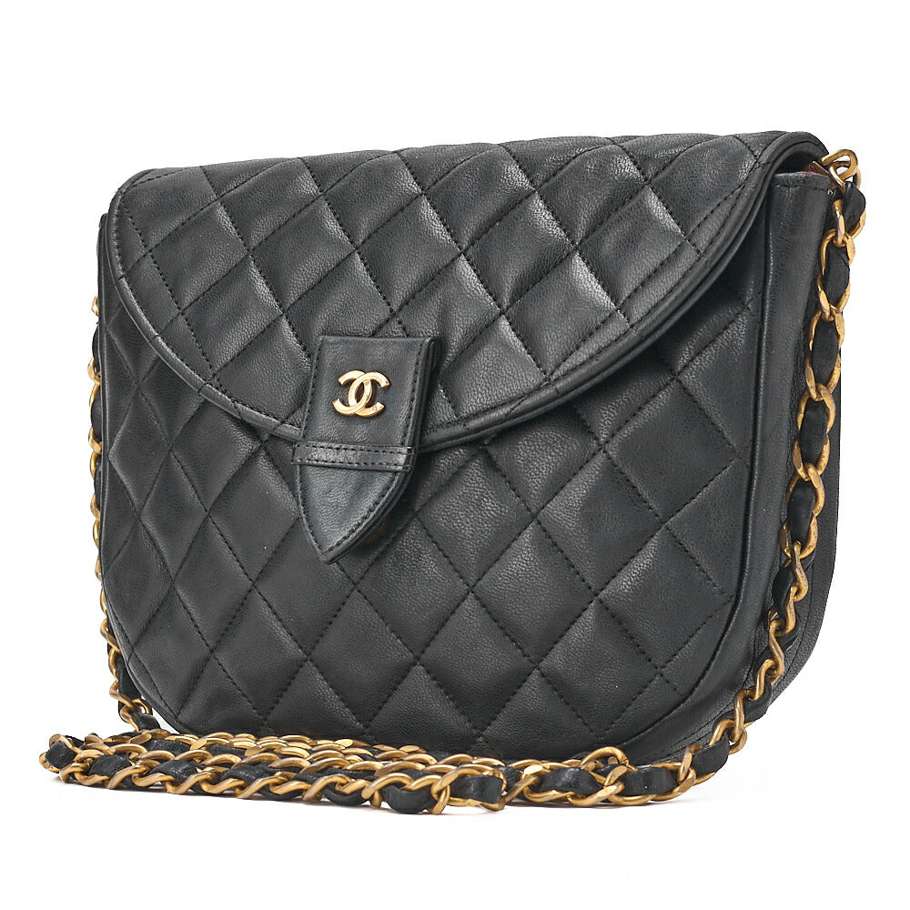 CHANEL Lambskin Matelasse Round Push Lock Chain Shoulder Black Gold-Tone Hardware, Pre-Owned