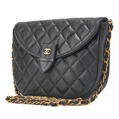 CHANEL Lambskin Matelasse Round Push Lock Chain Shoulder Black Gold-Tone Hardware, Pre-Owned