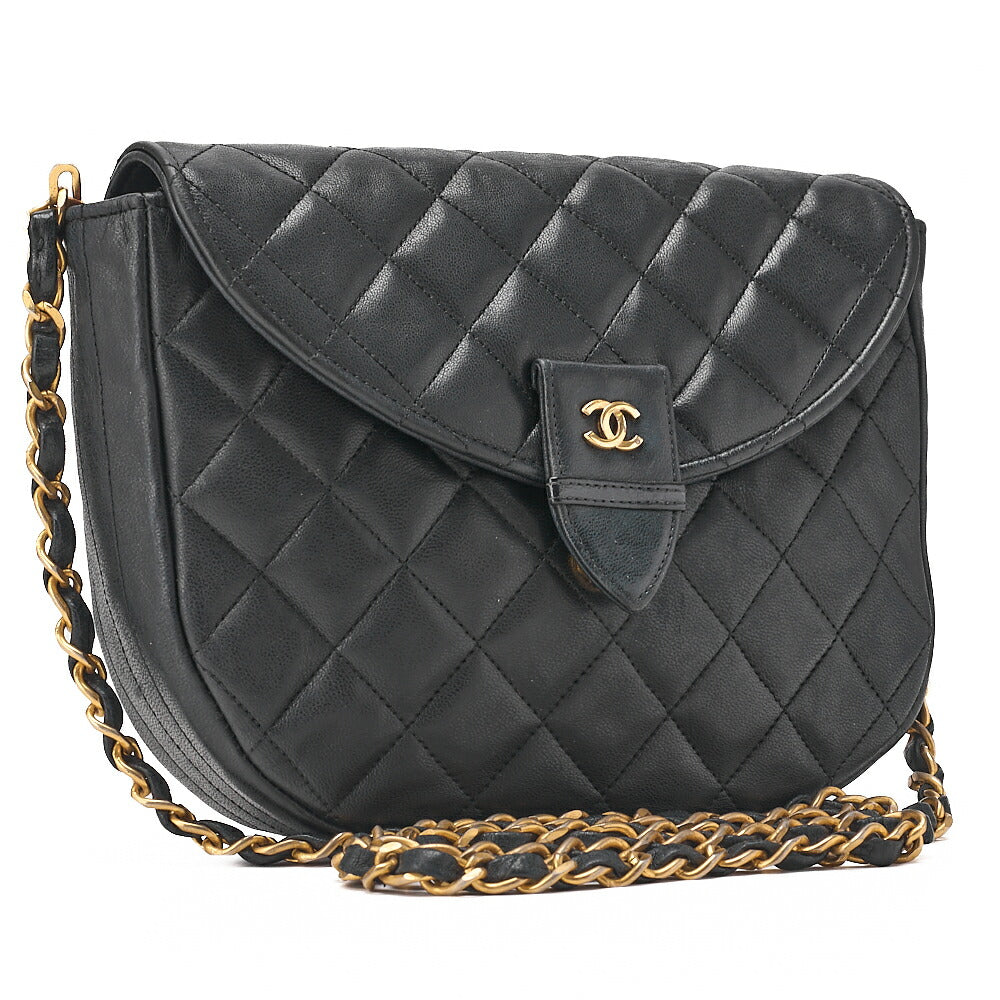 CHANEL Lambskin Matelasse Round Push Lock Chain Shoulder Black Gold-Tone Hardware, Pre-Owned
