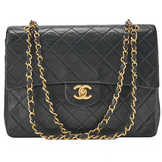 CHANEL Lambskin Matelasse 25cm Square Double Flap Chain Shoulder Black Gold-Tone Hardware, Pre-Owned