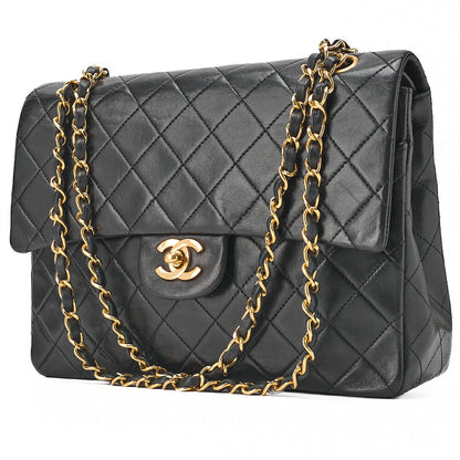 CHANEL Lambskin Matelasse 25cm Square Double Flap Chain Shoulder Black Gold-Tone Hardware, Pre-Owned