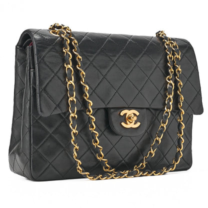 CHANEL Lambskin Matelasse 25cm Square Double Flap Chain Shoulder Black Gold-Tone Hardware, Pre-Owned