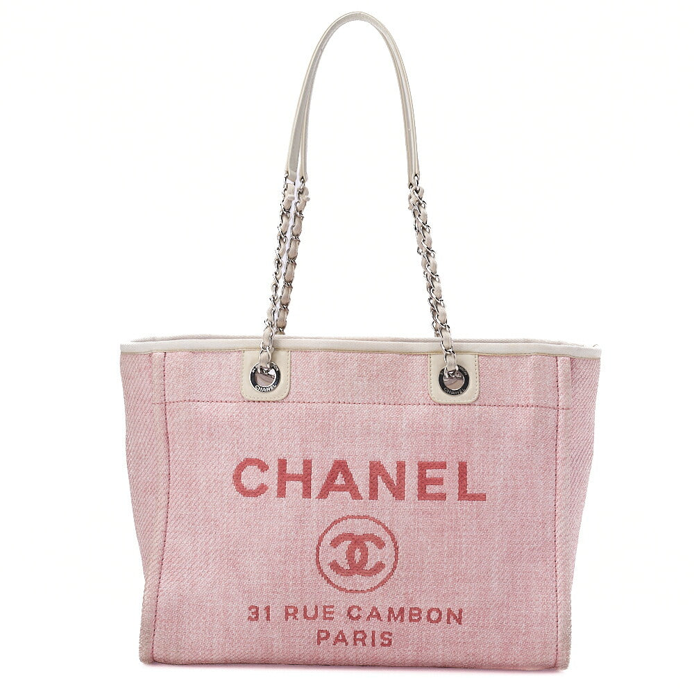CHANEL Chain Tote Bag Deauville MM Canvas Pink Silver-Tone Hardware, Pre-Owned