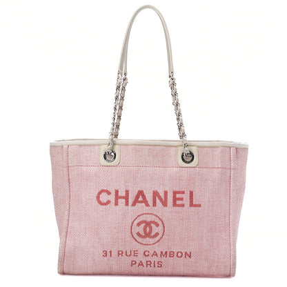 CHANEL Chain Tote Bag Deauville MM Canvas Pink Silver-Tone Hardware, Pre-Owned