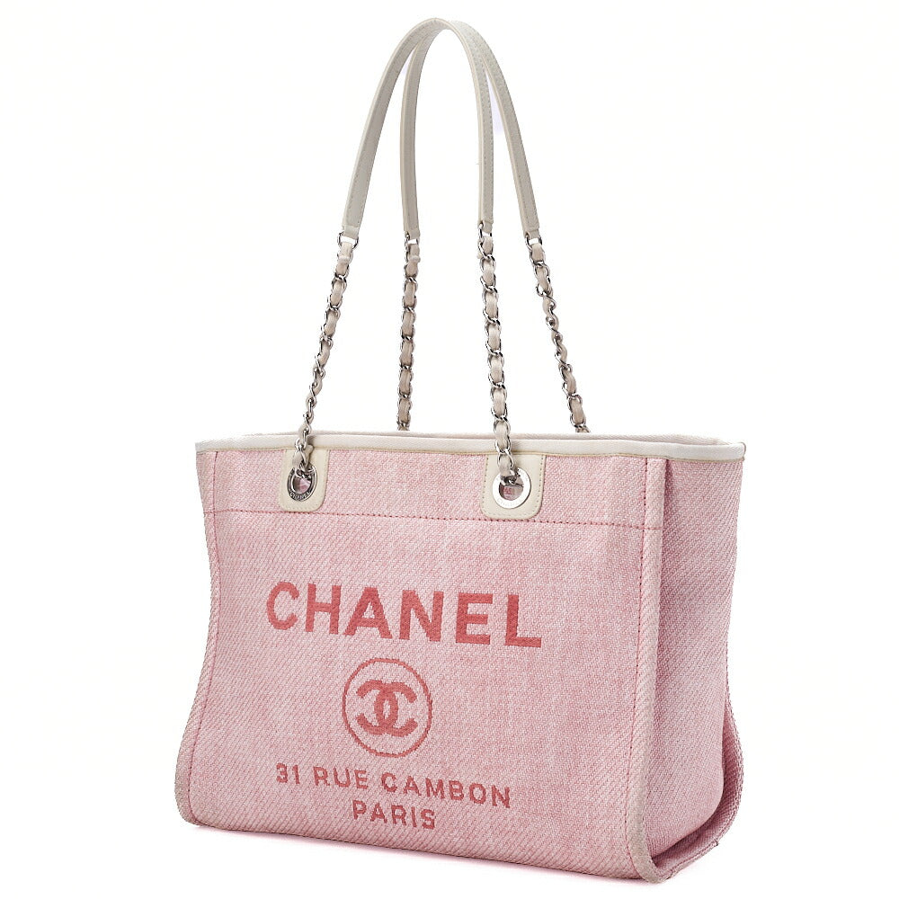 CHANEL Chain Tote Bag Deauville MM Canvas Pink Silver-Tone Hardware, Pre-Owned