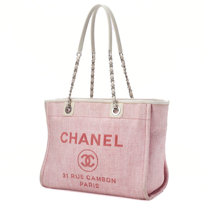 CHANEL Chain Tote Bag Deauville MM Canvas Pink Silver-Tone Hardware, Pre-Owned