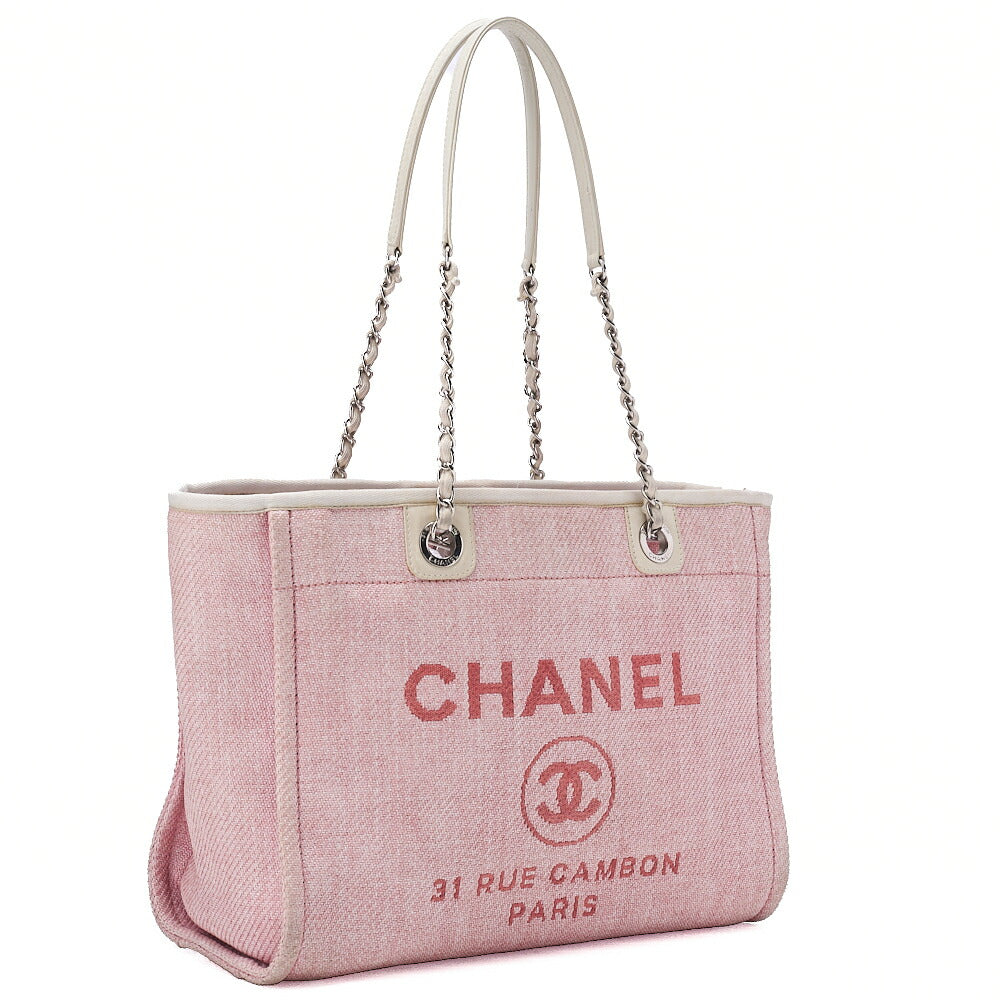 CHANEL Chain Tote Bag Deauville MM Canvas Pink Silver-Tone Hardware, Pre-Owned
