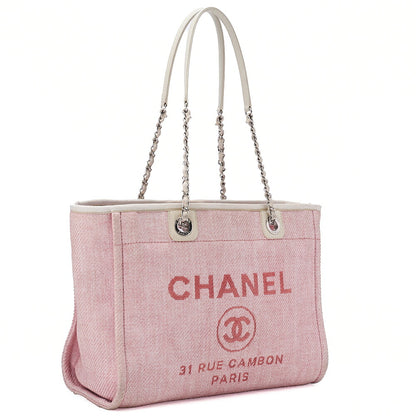 CHANEL Chain Tote Bag Deauville MM Canvas Pink Silver-Tone Hardware, Pre-Owned