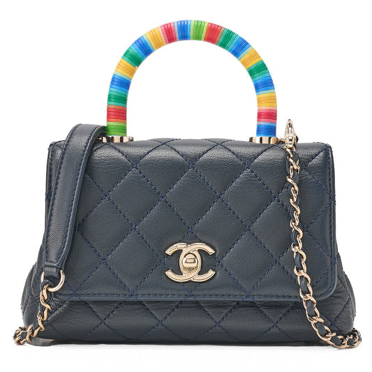 CHANEL Shoulder Bag Matlasse Coco Handle Le XXS Lambskin 2WAY Handbag Navy x Rainbow Color Gold-Tone Hardware, Pre-Owned