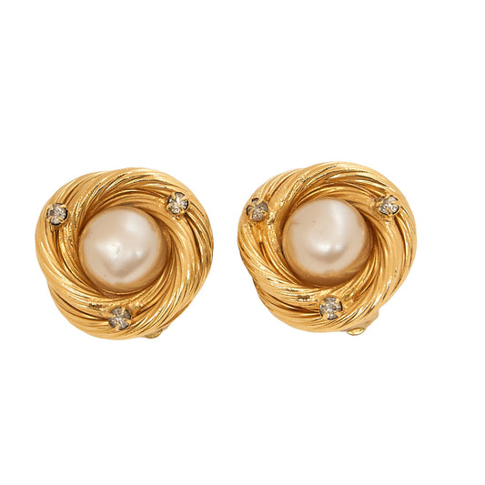 CHANEL Earrings 93A Rheinstone x Faux Pearl Gold Gold-Tone Hardware, Pre-Owned