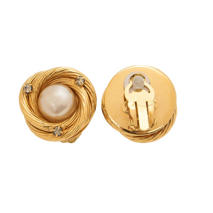 CHANEL Earrings 93A Rheinstone x Faux Pearl Gold Gold-Tone Hardware, Pre-Owned