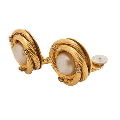 CHANEL Earrings 93A Rheinstone x Faux Pearl Gold Gold-Tone Hardware, Pre-Owned