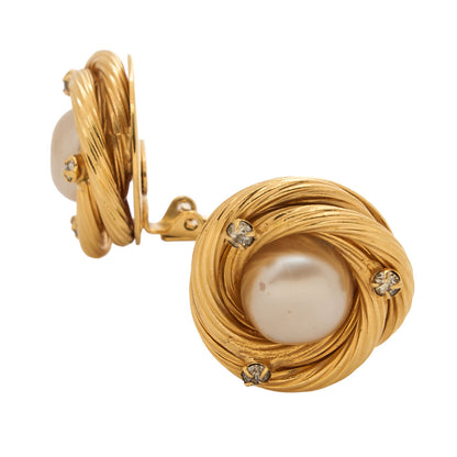 CHANEL Earrings 93A Rheinstone x Faux Pearl Gold Gold-Tone Hardware, Pre-Owned