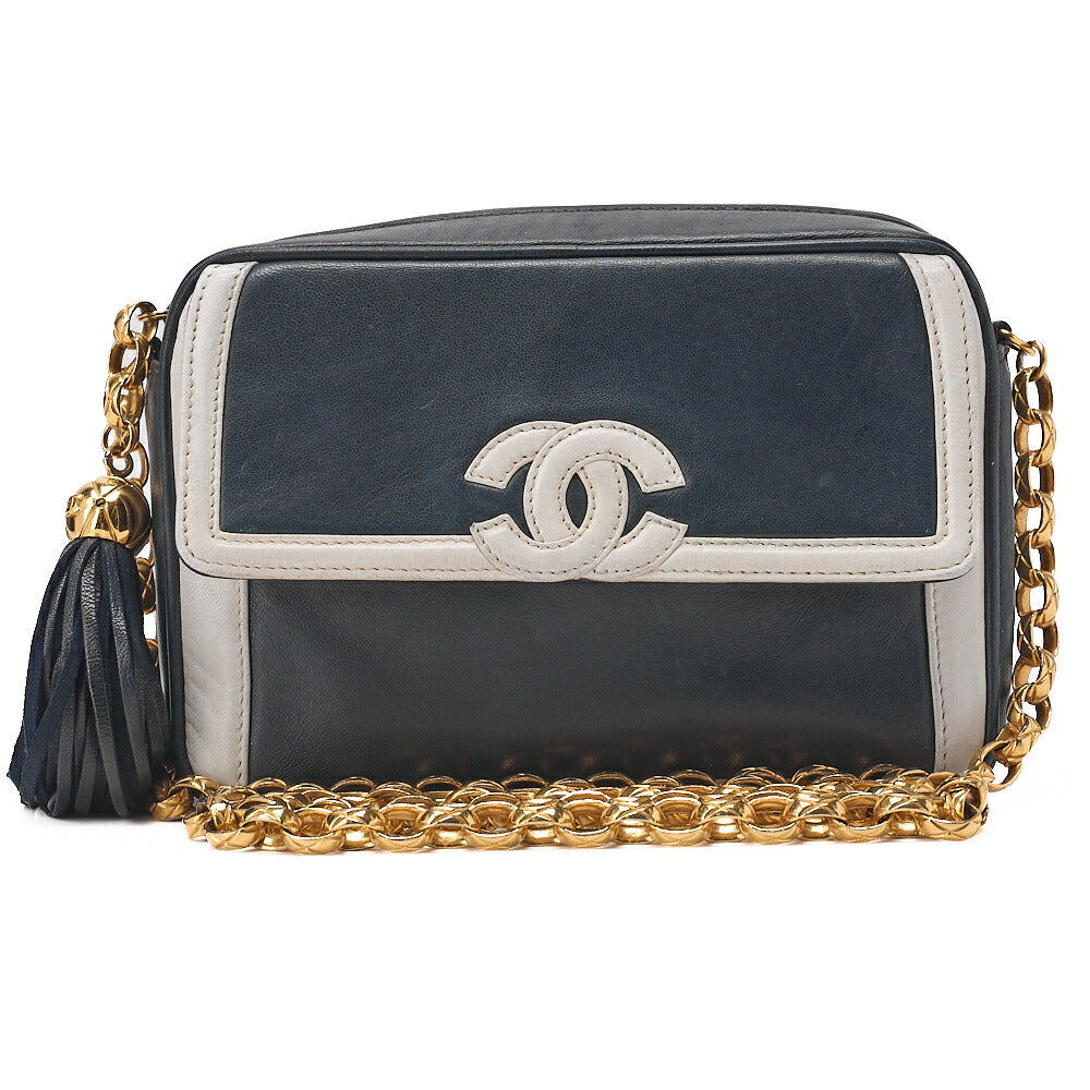 CHANEL Chain Shoulder Bag Coco Mark Fringe Lambskin Bicolor Navy x White Gold-Tone Hardware, Pre-Owned