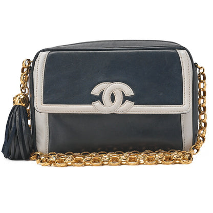 CHANEL Chain Shoulder Bag Coco Mark Fringe Lambskin Bicolor Navy x White Gold-Tone Hardware, Pre-Owned