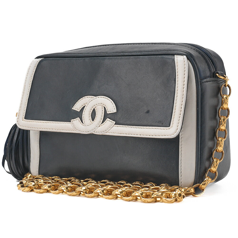 CHANEL Chain Shoulder Bag Coco Mark Fringe Lambskin Bicolor Navy x White Gold-Tone Hardware, Pre-Owned