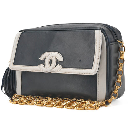 CHANEL Chain Shoulder Bag Coco Mark Fringe Lambskin Bicolor Navy x White Gold-Tone Hardware, Pre-Owned