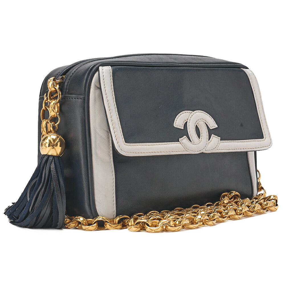 CHANEL Chain Shoulder Bag Coco Mark Fringe Lambskin Bicolor Navy x White Gold-Tone Hardware, Pre-Owned