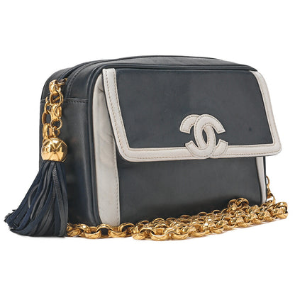 CHANEL Chain Shoulder Bag Coco Mark Fringe Lambskin Bicolor Navy x White Gold-Tone Hardware, Pre-Owned