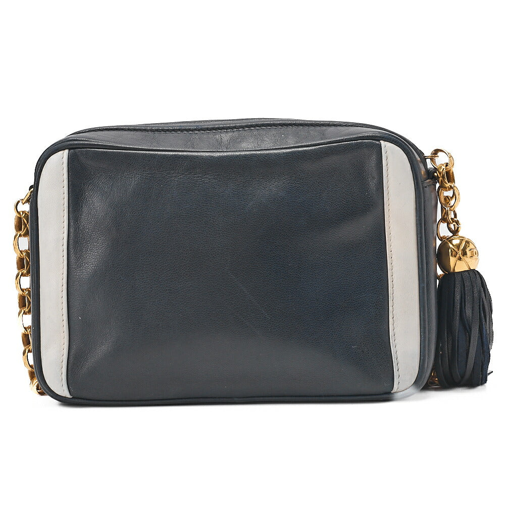 CHANEL Chain Shoulder Bag Coco Mark Fringe Lambskin Bicolor Navy x White Gold-Tone Hardware, Pre-Owned