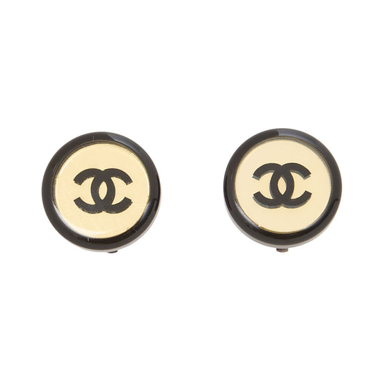 CHANEL Coco Mark Circle Coco 01P Earrings GP X Enamel Black Silver-Tone Hardware, Pre-Owned