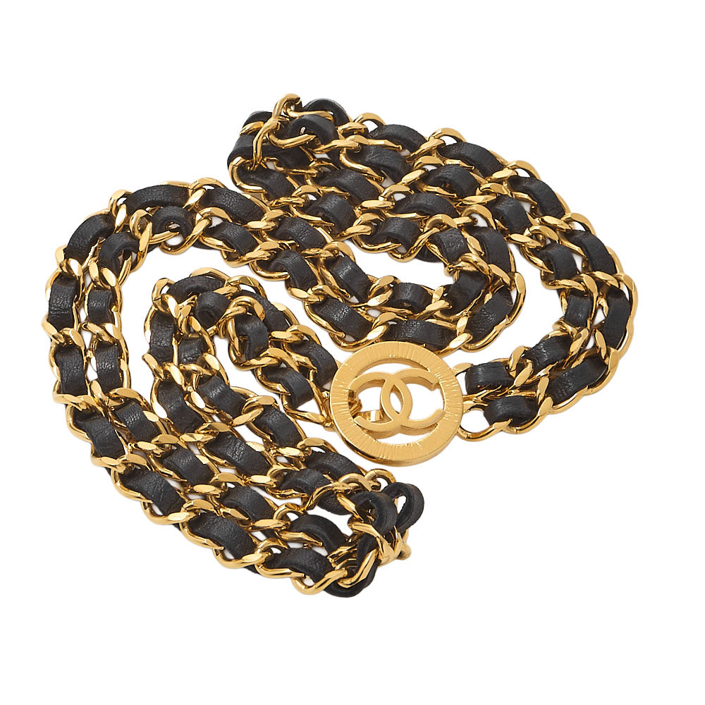 CHANEL Circle Coco W Chain Chain Belt GP x Leather Black x Gold-Tone Hardware, Pre-Owned