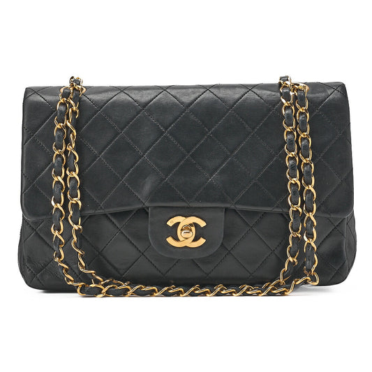 CHANEL Lambskin Matelasse Double Flap 25cm Chain Shoulder Black Gold-Tone Hardware, Pre-Owned