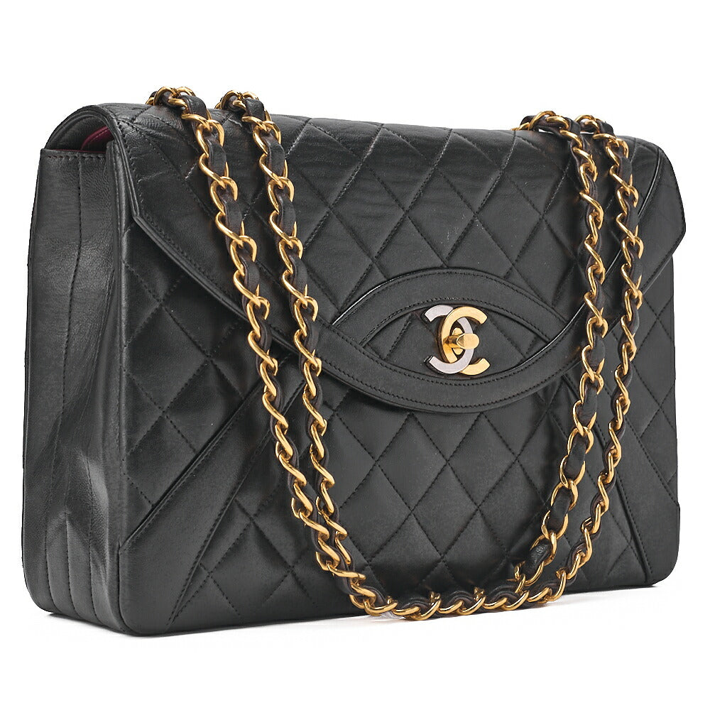 CHANEL マトラッセ パリ限定 シングル フラップ ショルダーバッグ ラムスキン ブラック ゴールド金具 中古