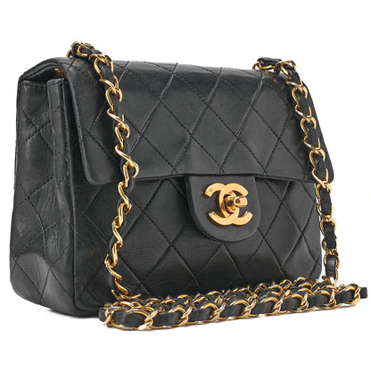 CHANEL Chain Shoulder Bag Mini Matelasse 17cm Lambskin Black Gold-Tone Hardware, Pre-Owned