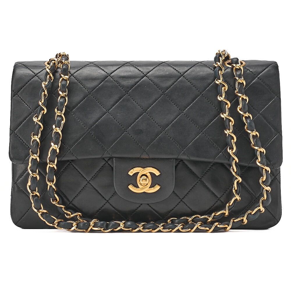 CHANEL Lambskin Matelasse 25cm Double Flap Chain Shoulder Black Gold-Tone Hardware, Pre-Owned