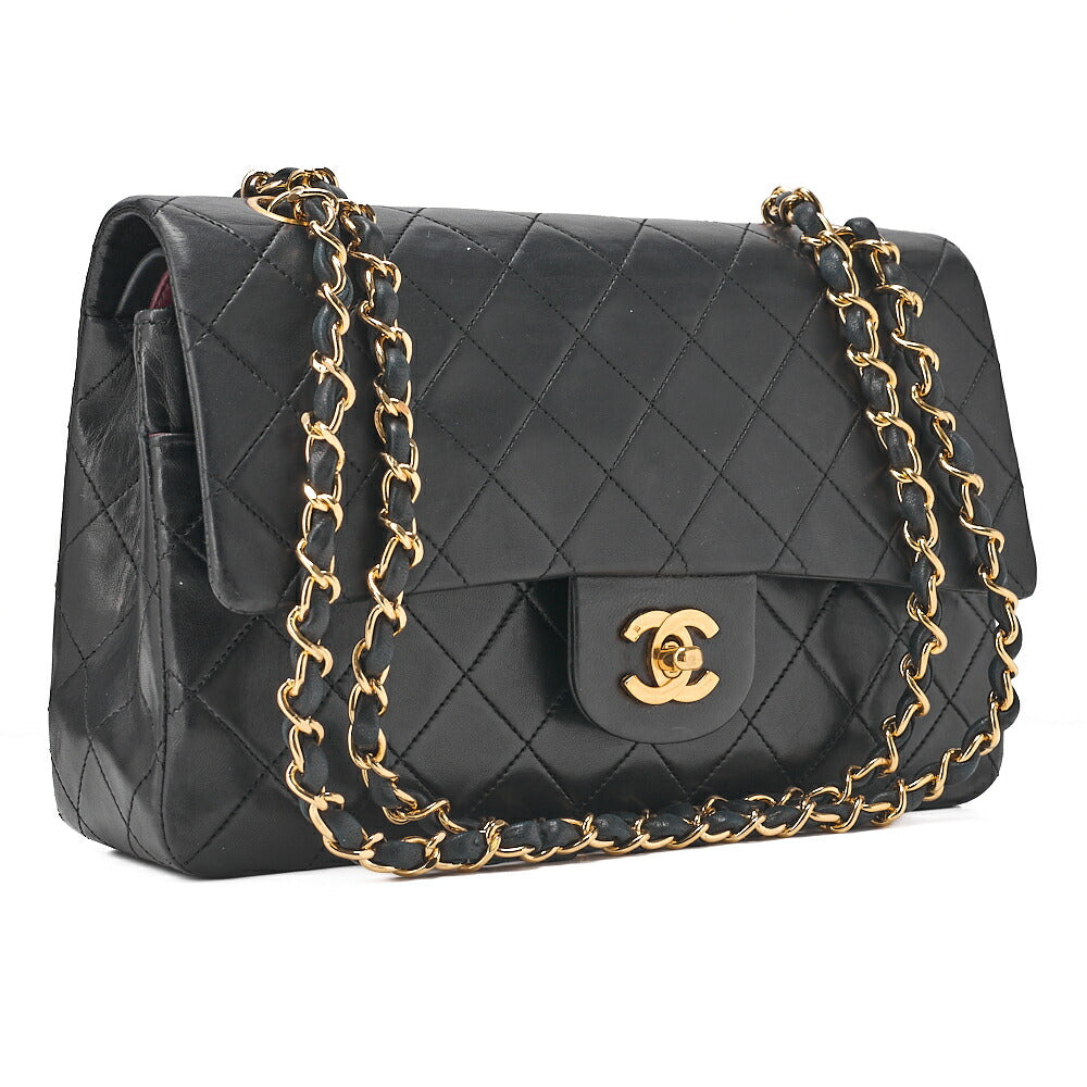 CHANEL Lambskin Matelasse 25cm Double Flap Chain Shoulder Black Gold-Tone Hardware, Pre-Owned