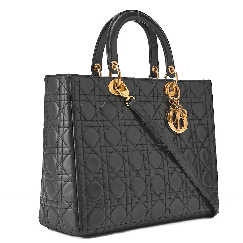 ディオール レディディオール カナージュ 2WAY ハンドバッグ ラージサイズ ラムスキン ゴールド金具、中古品