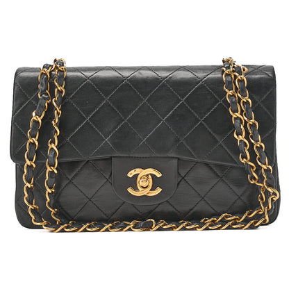 CHANEL Chain Shoulder Bag Matelasse 23cm Double Flap Lambskin Black Gold-Tone Hardware, Pre-Owned
